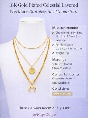 18K Gold Plated Celestial Layered Necklace Stainless Steel Moon Star